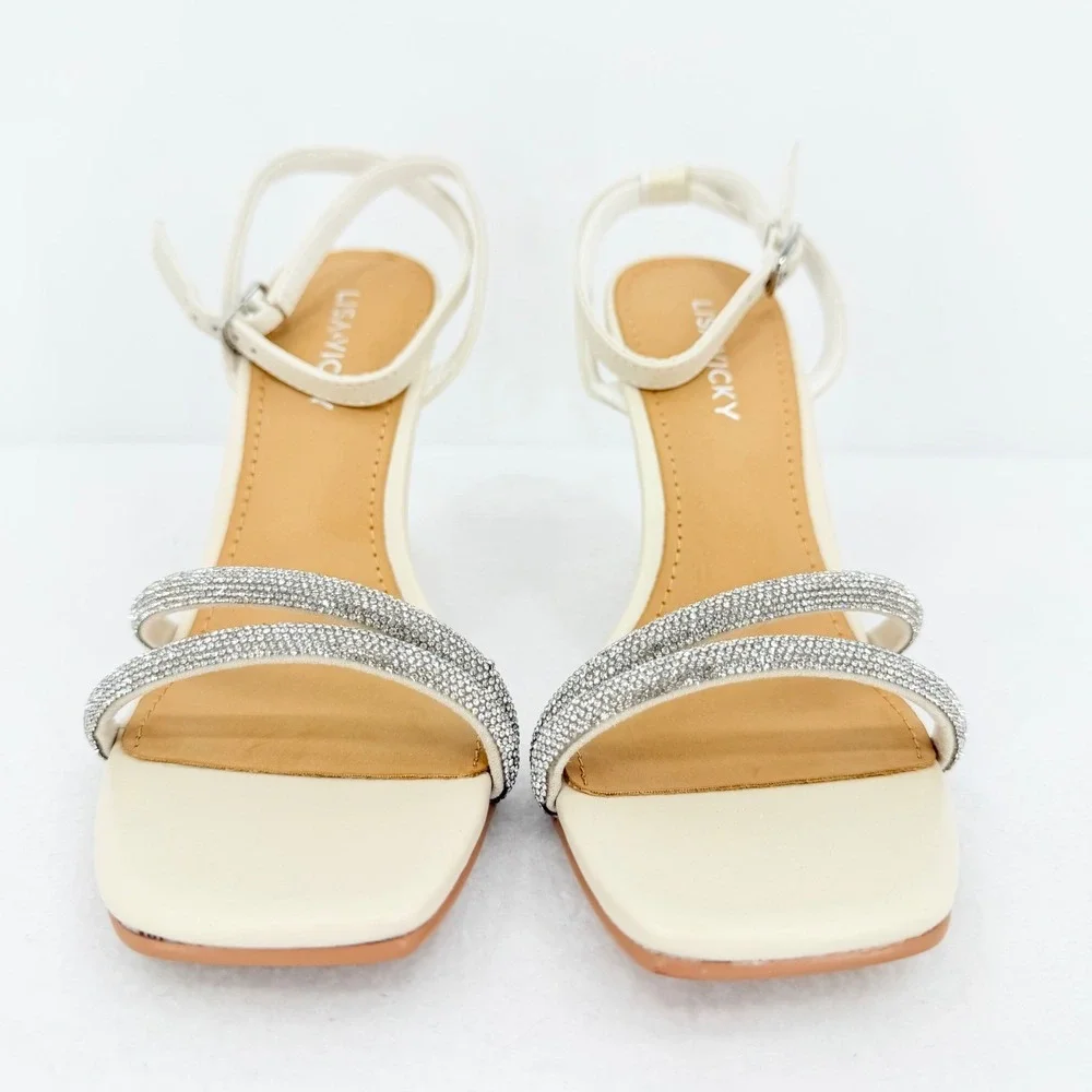 Lisa Vicky Gem V Women's Cream Square Toe Rhinestone Strap Heels Size 6M NWOB